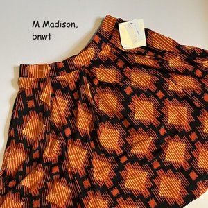 Medium Lularoe Madison Skirt, black with yellow diamonds, orange stripes